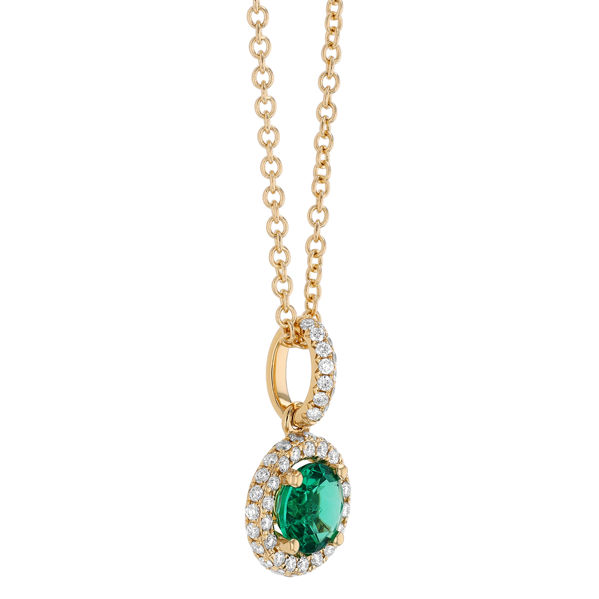 Round Emerald & Diamond Halo Pendant in Yellow Gold, 18