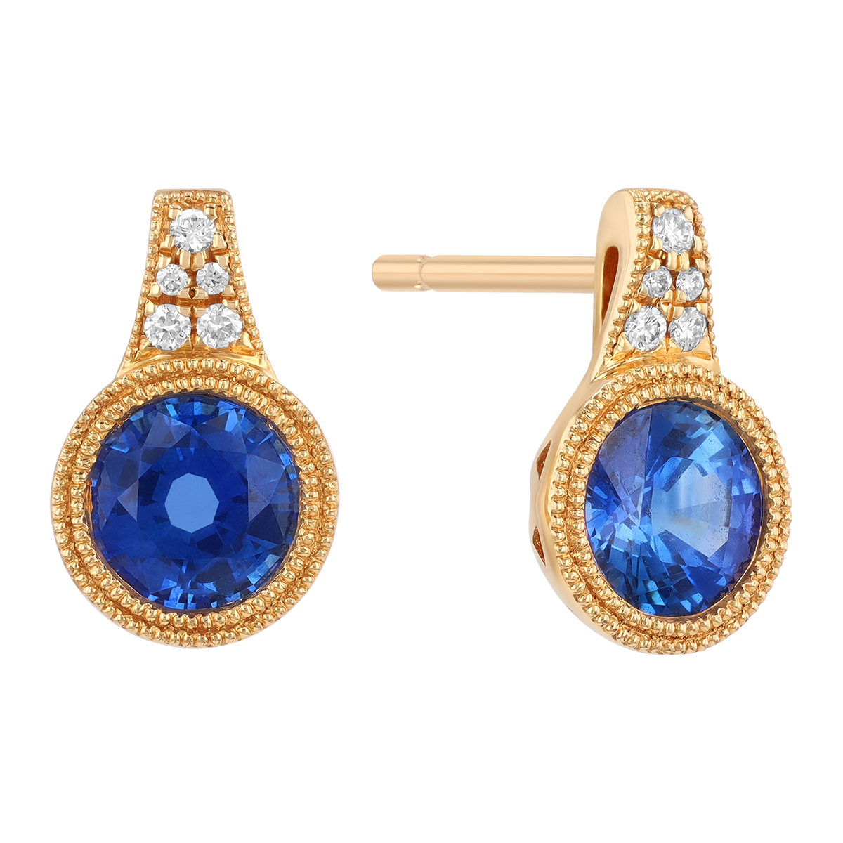 Bezel Set Round Sapphire & Diamond Cluster Drop Earrings with Milgrain in Yellow Gold