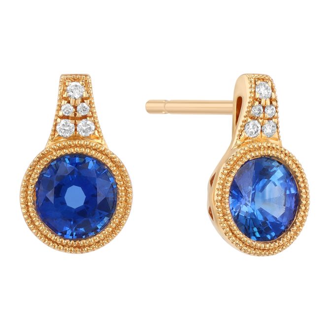 Bezel Set Round Sapphire & Diamond Cluster Drop Earrings with Milgrain in Yellow Gold