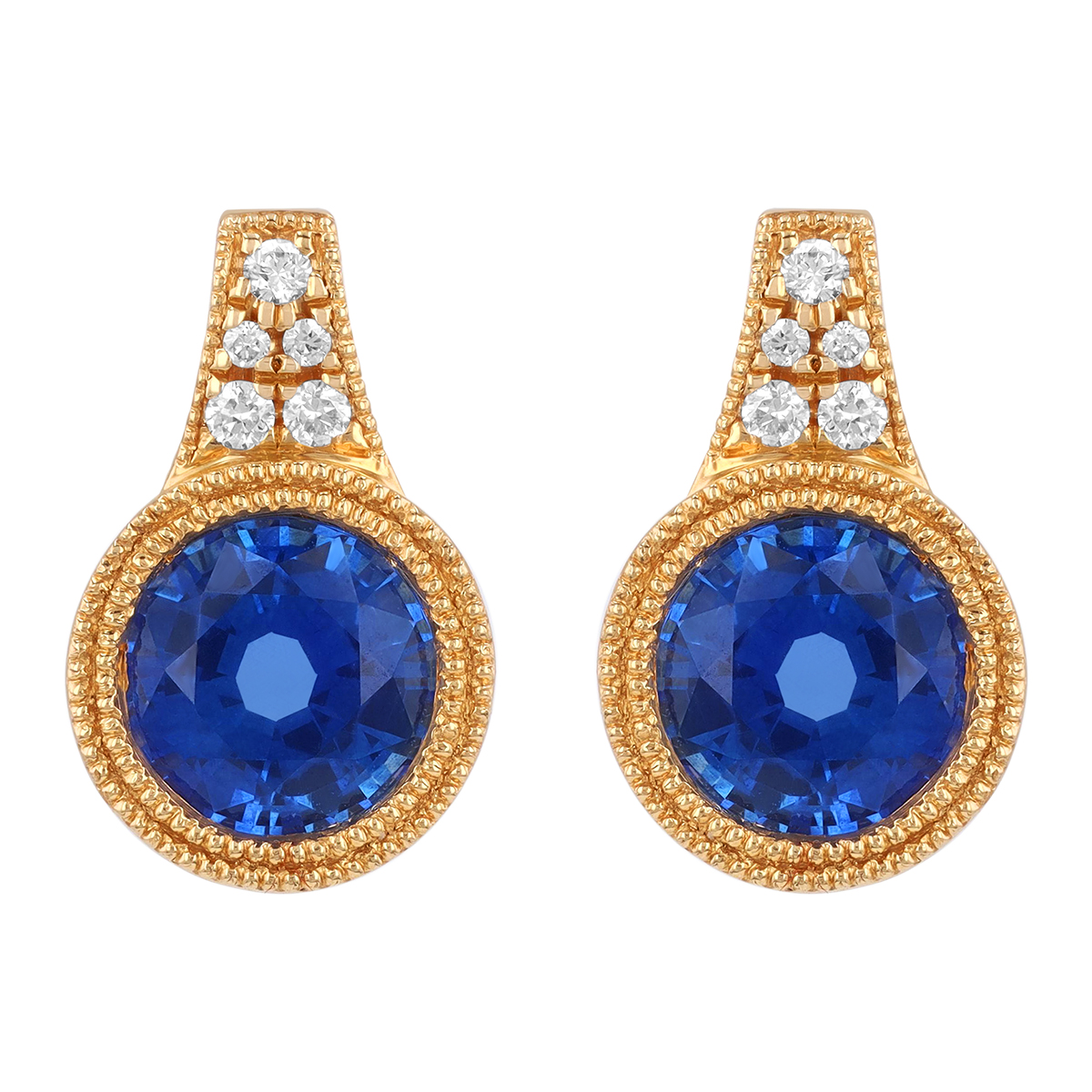 Bezel Set Round Sapphire & Diamond Cluster Drop Earrings with Milgrain in Yellow Gold
