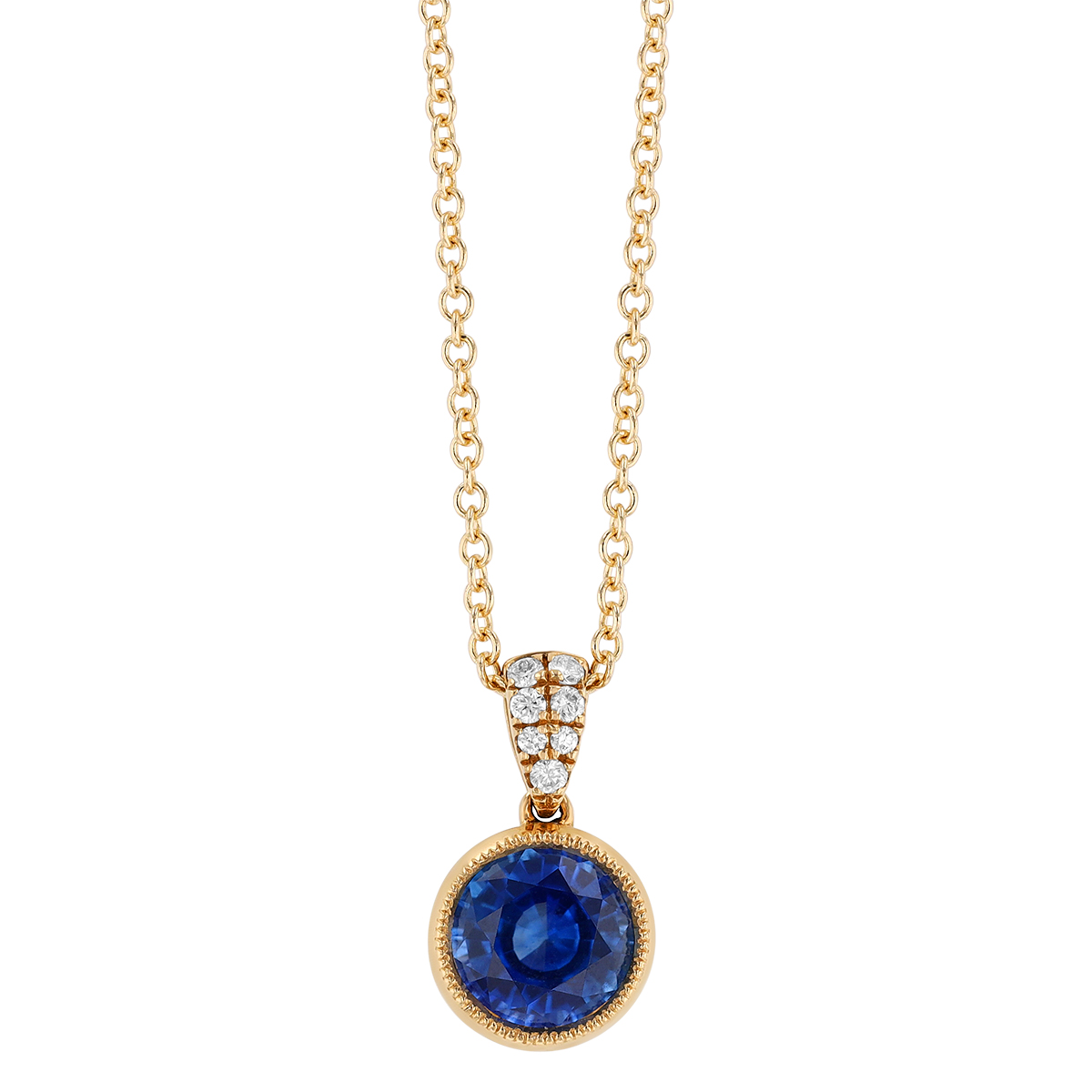 Bezel Set Round Sapphire & Diamond Cluster Pendant with Milgrain in Yellow Gold, 18