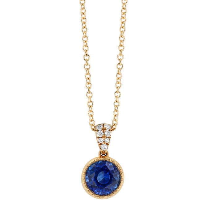 Bezel Set Round Sapphire & Diamond Cluster Pendant with Milgrain in Yellow Gold, 18"