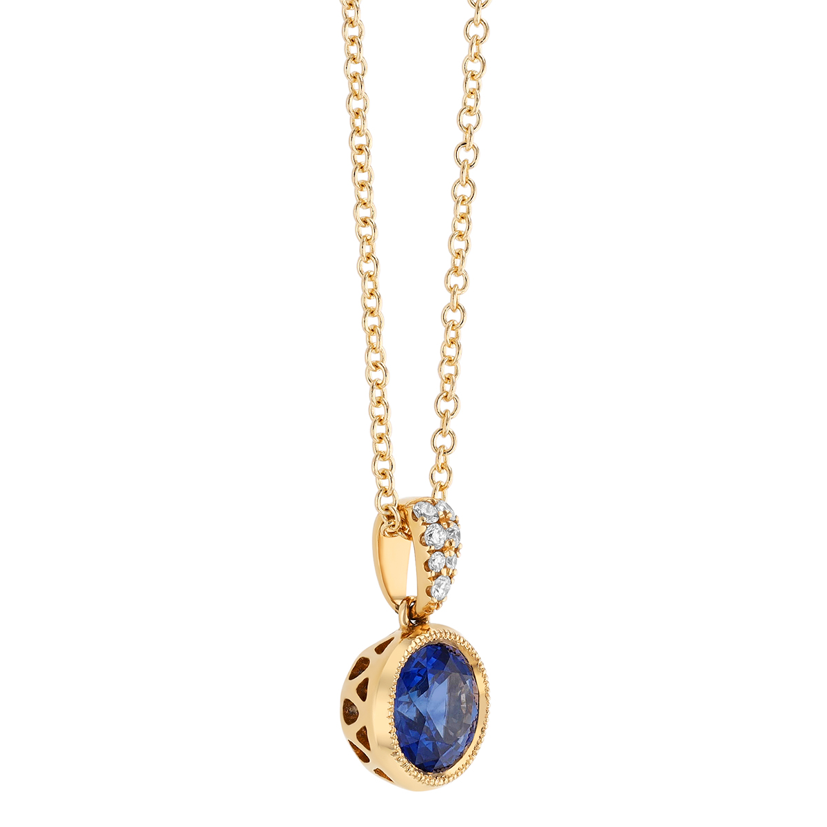 Bezel Set Round Sapphire & Diamond Cluster Pendant with Milgrain in Yellow Gold, 18
