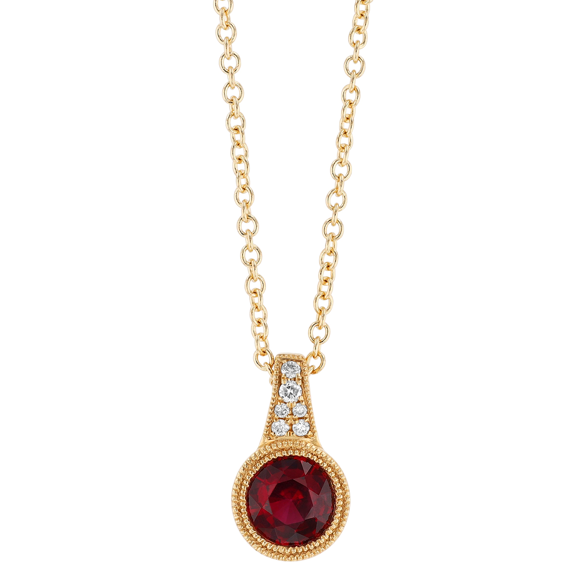 Bezel Set Round Ruby & Diamond Cluster Pendant with Milgrain in Yellow Gold, 18