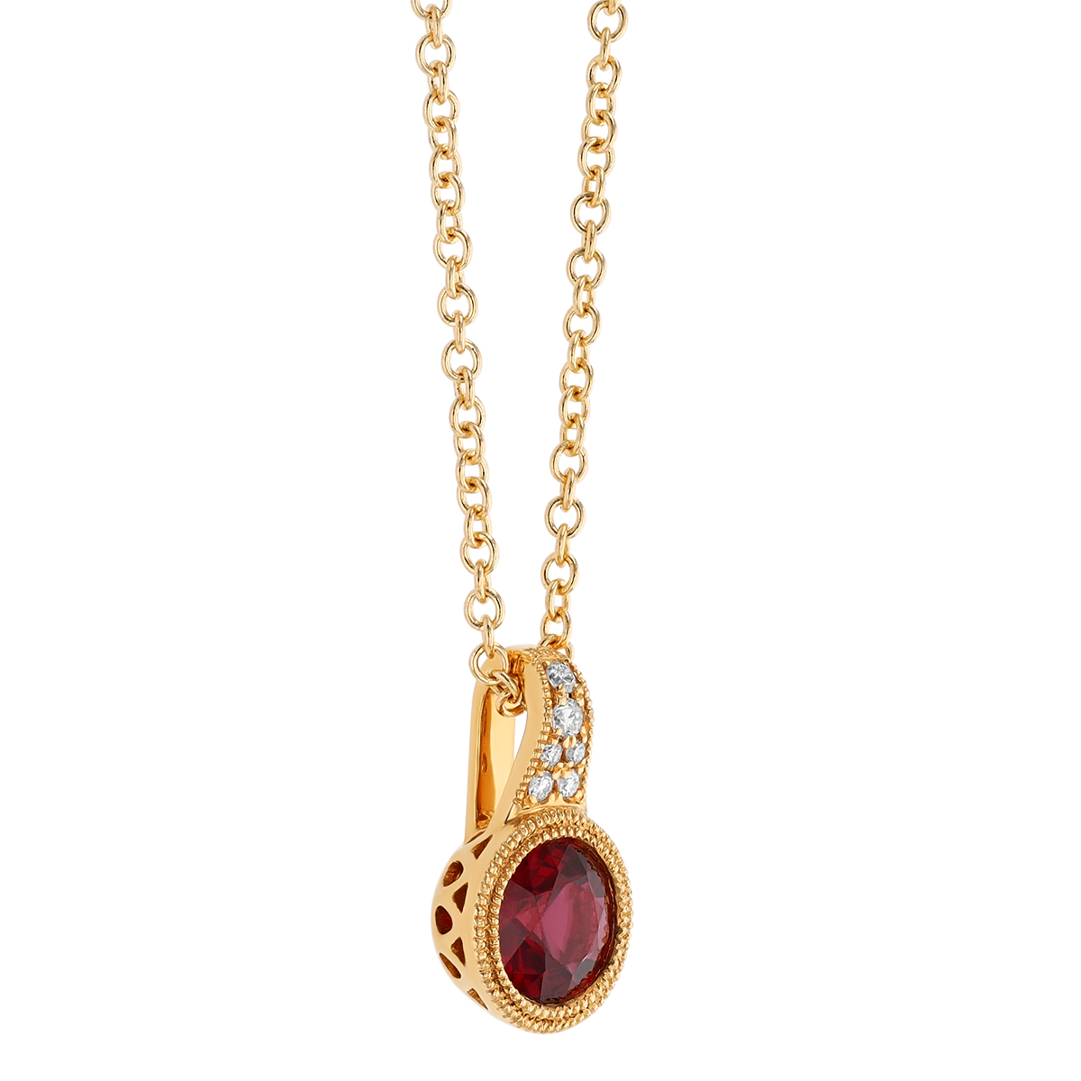 Bezel Set Round Ruby & Diamond Cluster Pendant with Milgrain in Yellow Gold, 18