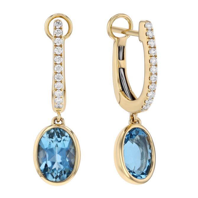 Bezel Set Oval Aquamarine & Diamond Huggie Hoop Dangle Earrings in Yellow Gold