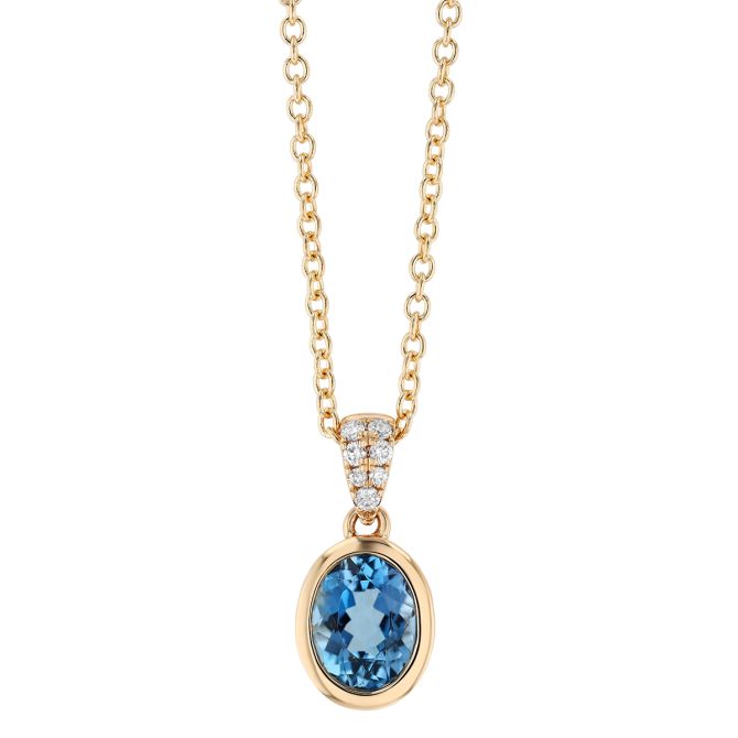 Bezel Set Oval Aquamarine & Diamond Cluster Pendant in Yellow Gold, 18"
