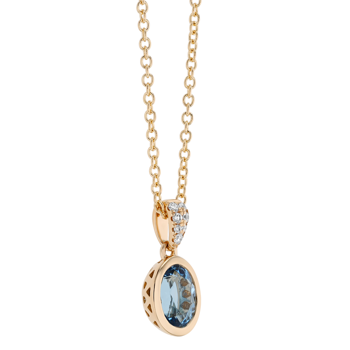 Bezel Set Oval Aquamarine & Diamond Cluster Pendant in Yellow Gold, 18