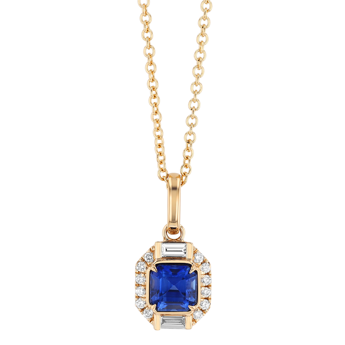 Asscher Cut Sapphire & Mixed Diamond Shape Halo Pendant in Yellow Gold, 18