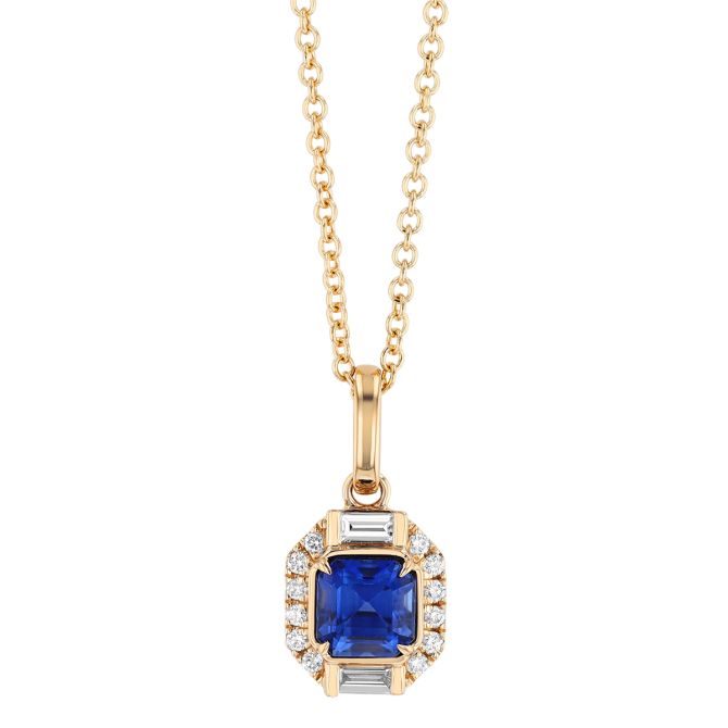 Asscher Cut Sapphire & Mixed Diamond Shape Halo Pendant in Yellow Gold, 18"