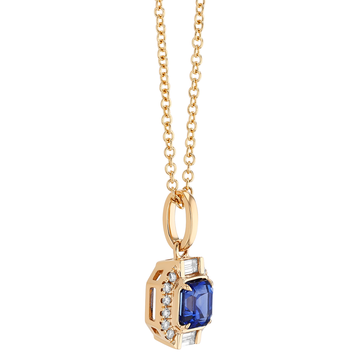 Asscher Cut Sapphire & Mixed Diamond Shape Halo Pendant in Yellow Gold, 18