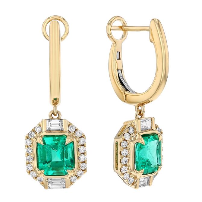Emerald Cut Emerald & Mixed Diamond Shape Huggie Hoop Dangle Earrings in Yellow Gold