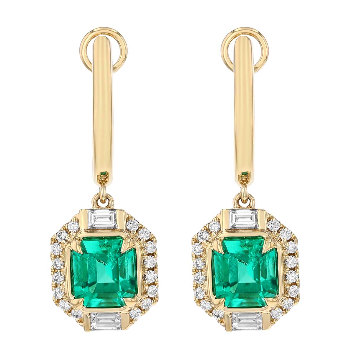 Emerald Cut Emerald & Mixed Diamond Shape Huggie Hoop Dangle Earrings in Yellow Gold