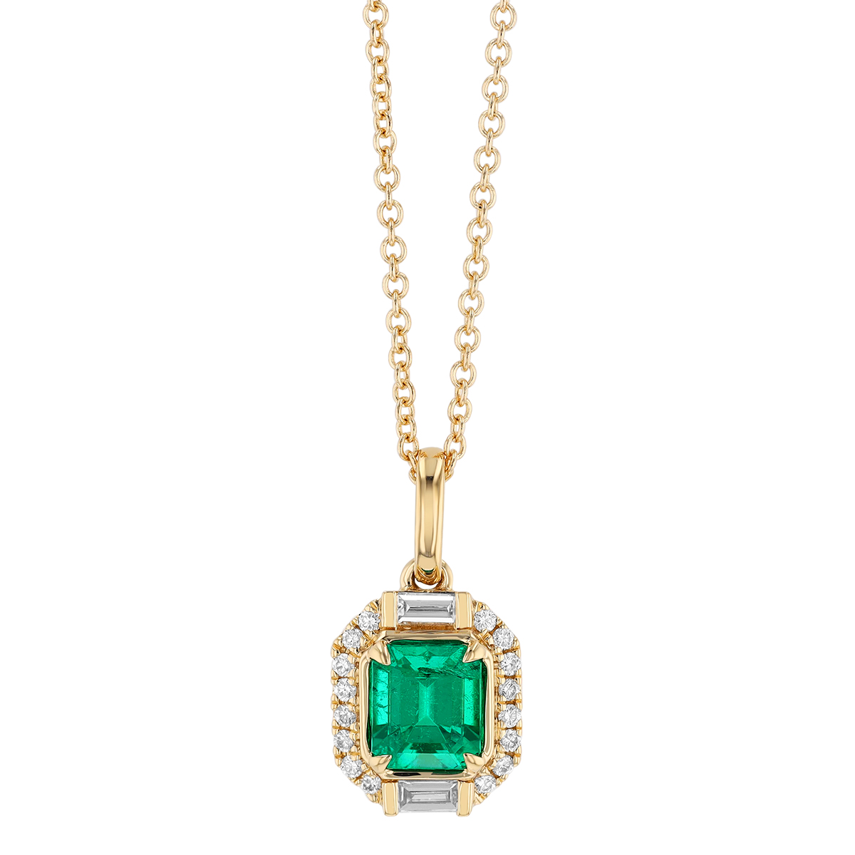 Emerald Cut Emerald & Mixed Diamond Shape Halo Pendant in Yellow Gold, 18