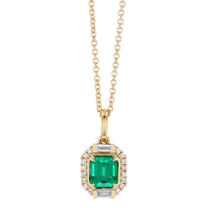 Emerald Cut Emerald & Mixed Diamond Shape Halo Pendant in Yellow Gold, 18"