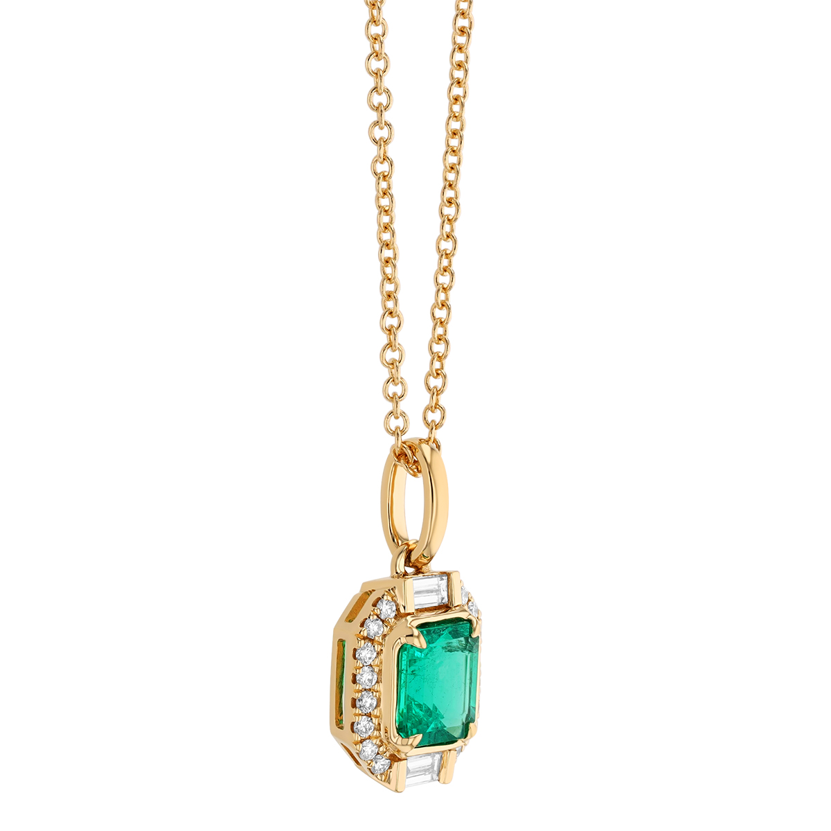 Emerald Cut Emerald & Mixed Diamond Shape Halo Pendant in Yellow Gold, 18