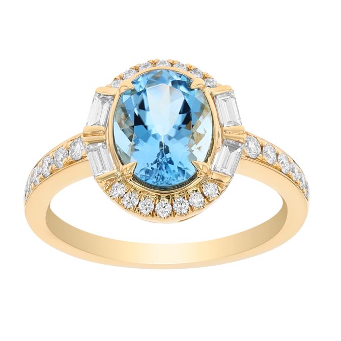 Oval Aquamarine & Mixed Diamond Shape Halo Ring in Yellow Gold