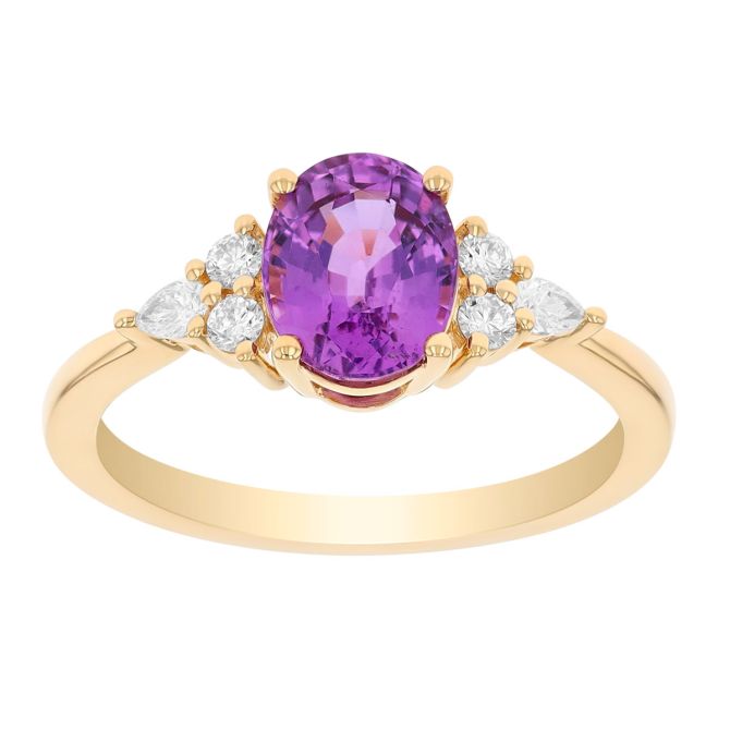 Oval Pink Sapphire & Diamond Cluster Side Stone Ring in Yellow Gold