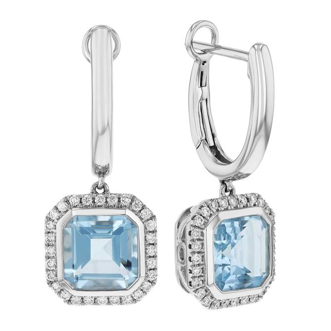 Square Step Cut Aquamarine & Diamond Halo Dangle Hoop Earrings in White Gold