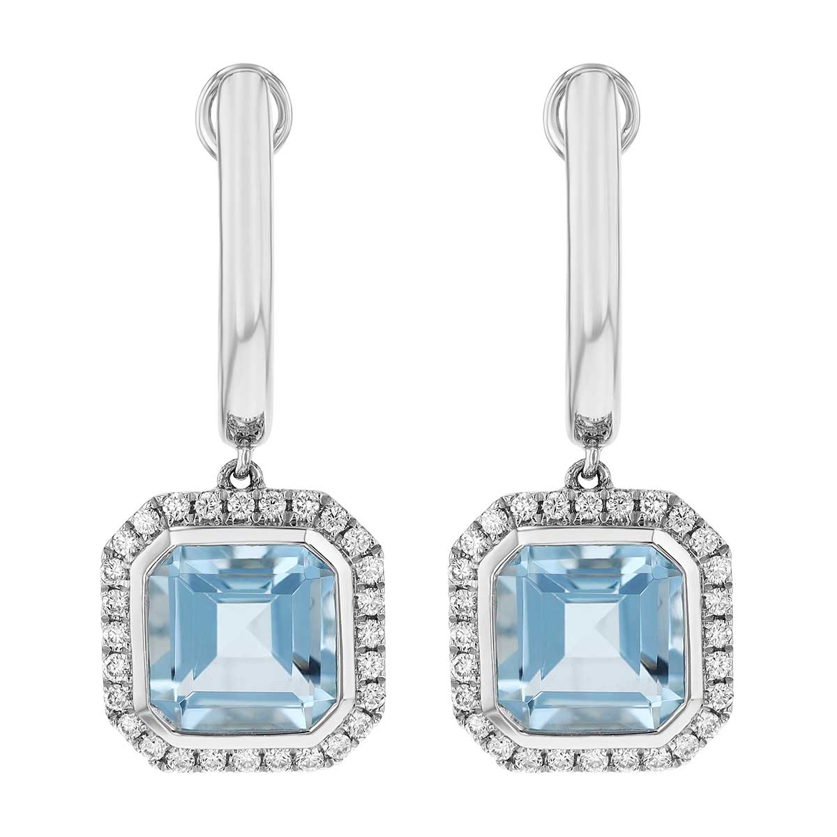Square Step Cut Aquamarine & Diamond Halo Dangle Hoop Earrings in White Gold