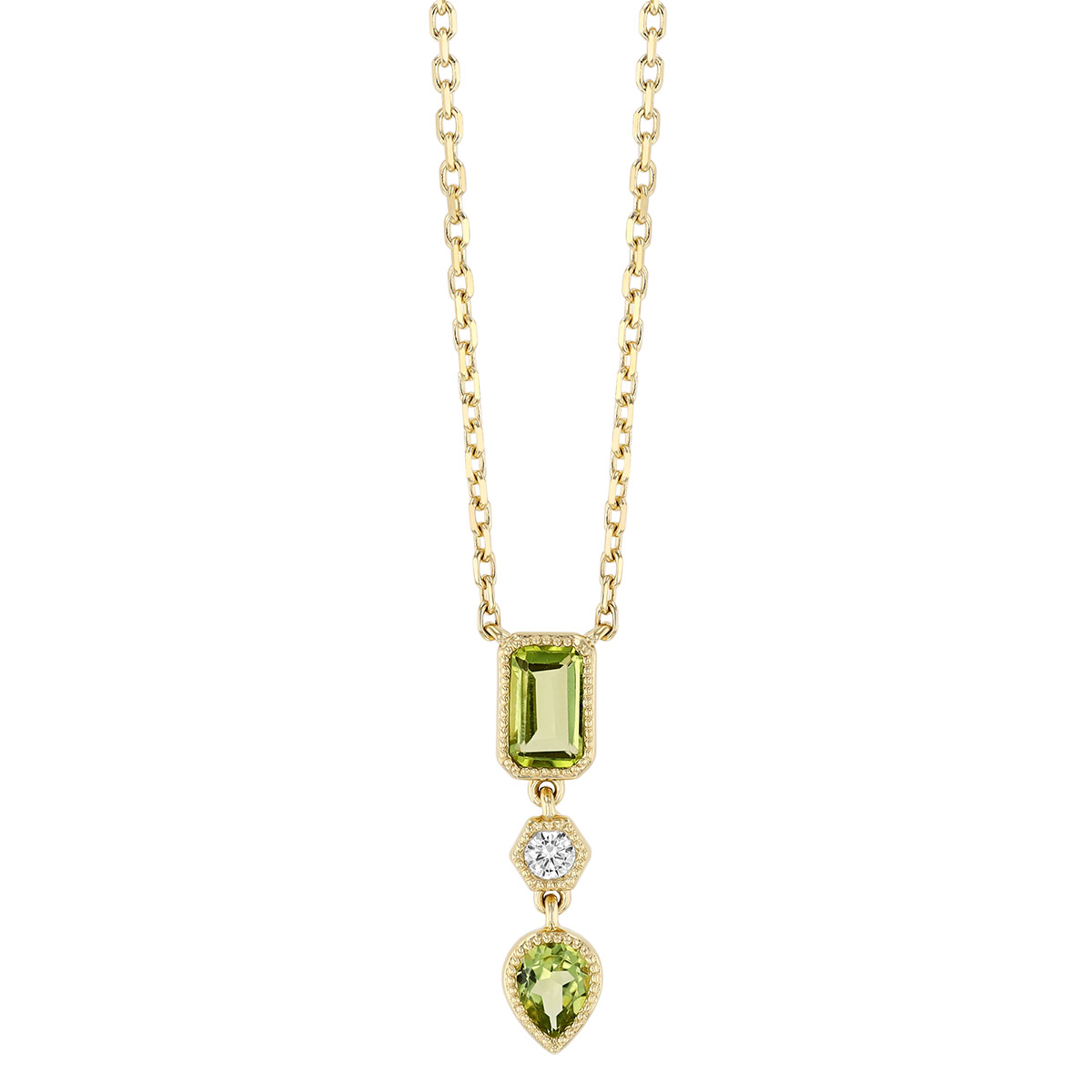 Multi-Shape Peridot & Diamond Trio Pendant in Yellow Gold, 18