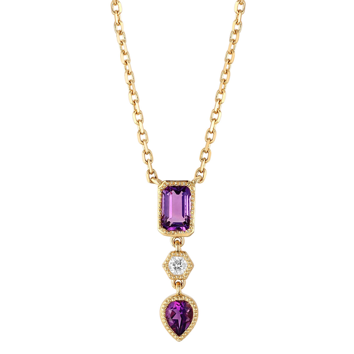 Multi-Shape Amethyst & Diamond Trio Pendant in Yellow Gold, 18