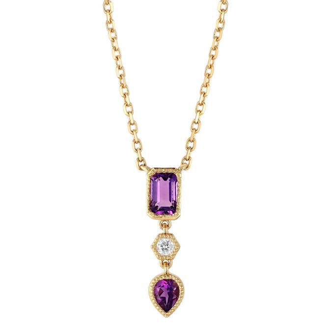 Multi-Shape Amethyst & Diamond Trio Pendant in Yellow Gold, 18"