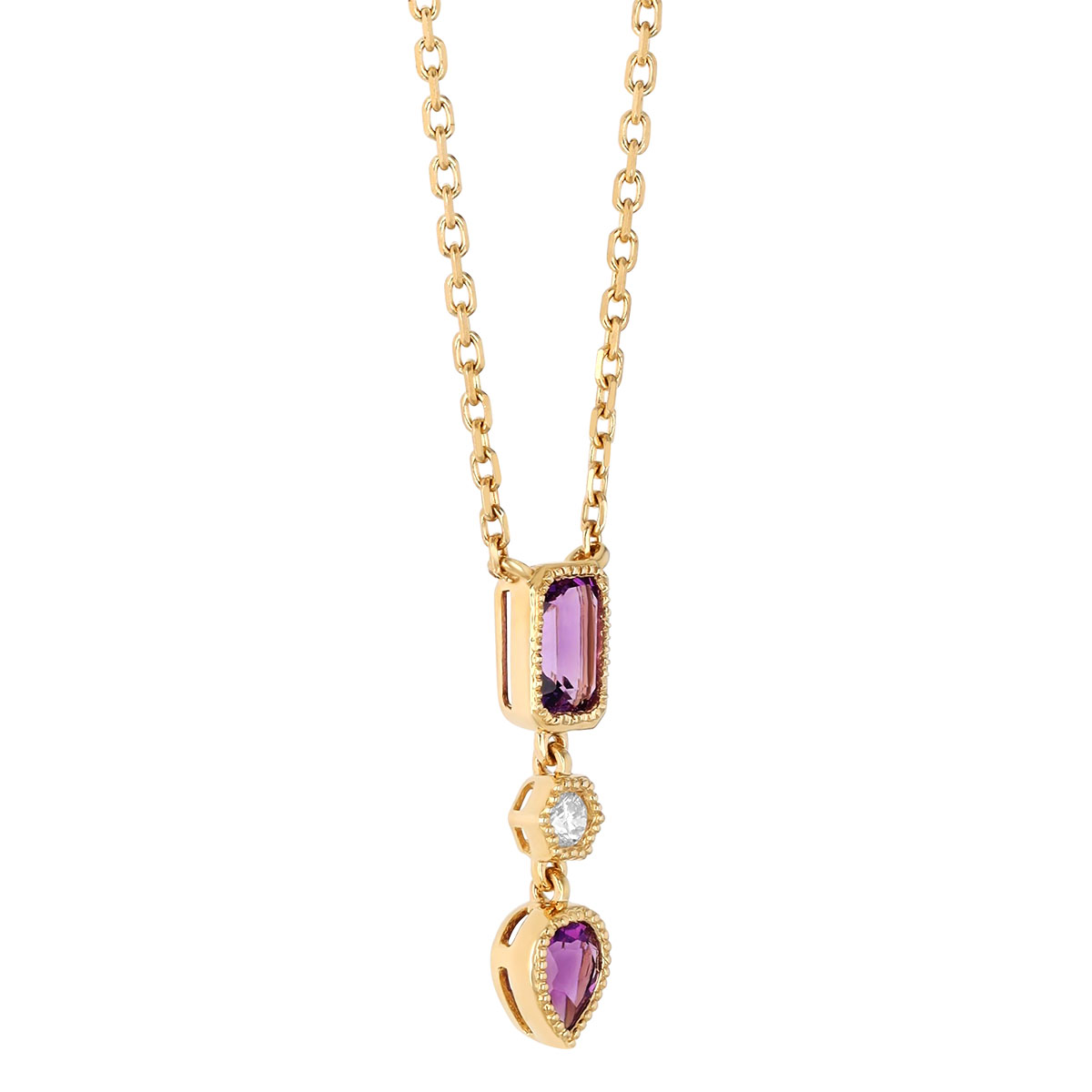 Multi-Shape Amethyst & Diamond Trio Pendant in Yellow Gold, 18