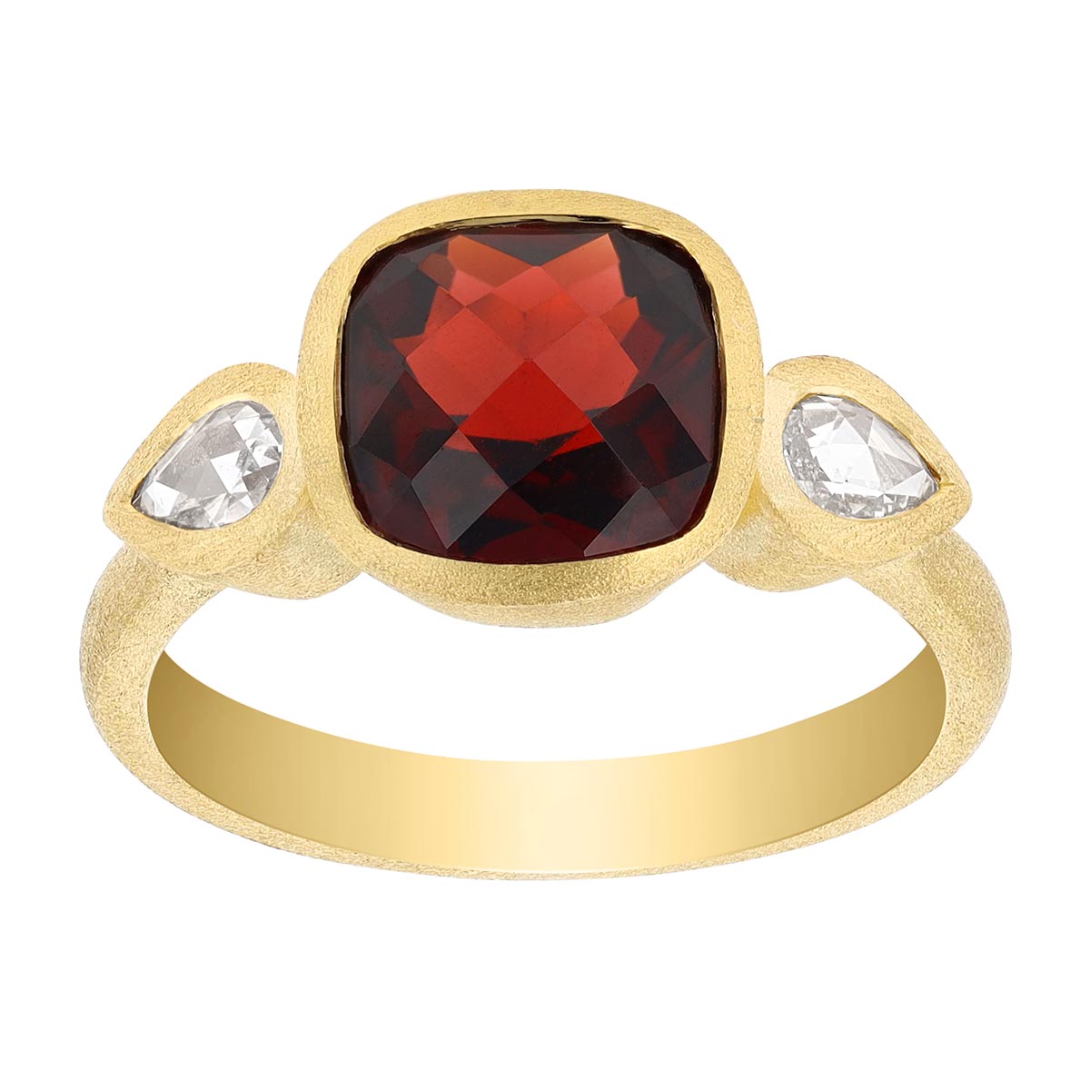 Cushion Cut Garnet & Pear Shape Diamond Side Stone Ring in Satin Yellow Gold