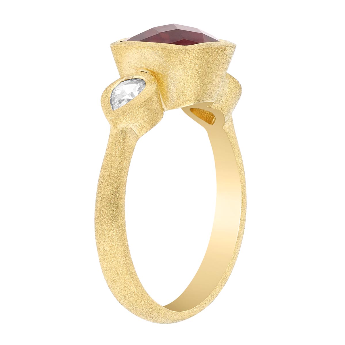 Cushion Cut Garnet & Pear Shape Diamond Side Stone Ring in Satin Yellow Gold