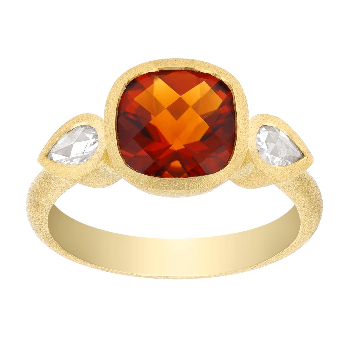 Cushion Cut Citrine & Pear Shape Diamond Side Stone Ring in Satin Yellow Gold