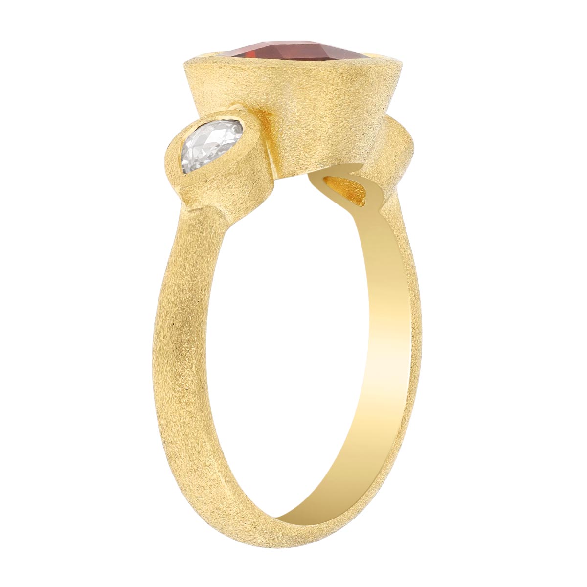 Cushion Cut Citrine & Pear Shape Diamond Side Stone Ring in Satin Yellow Gold
