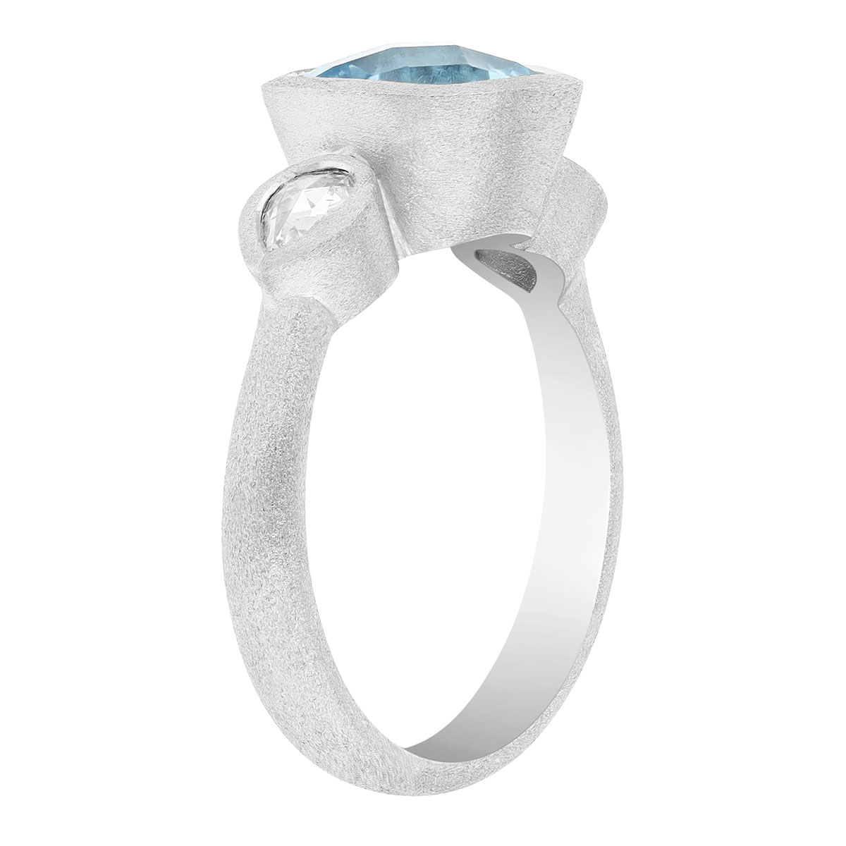 Cushion Cut Aquamarine & Pear Shape Diamond Side Stone Ring in Satin White Gold