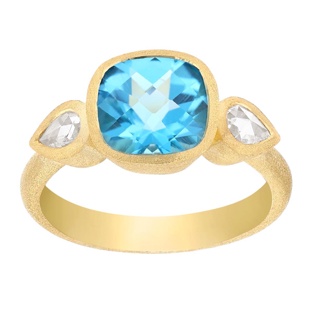 Cushion Cut Topaz & Pear Shape Diamond Side Stone Ring in Satin Yellow Gold