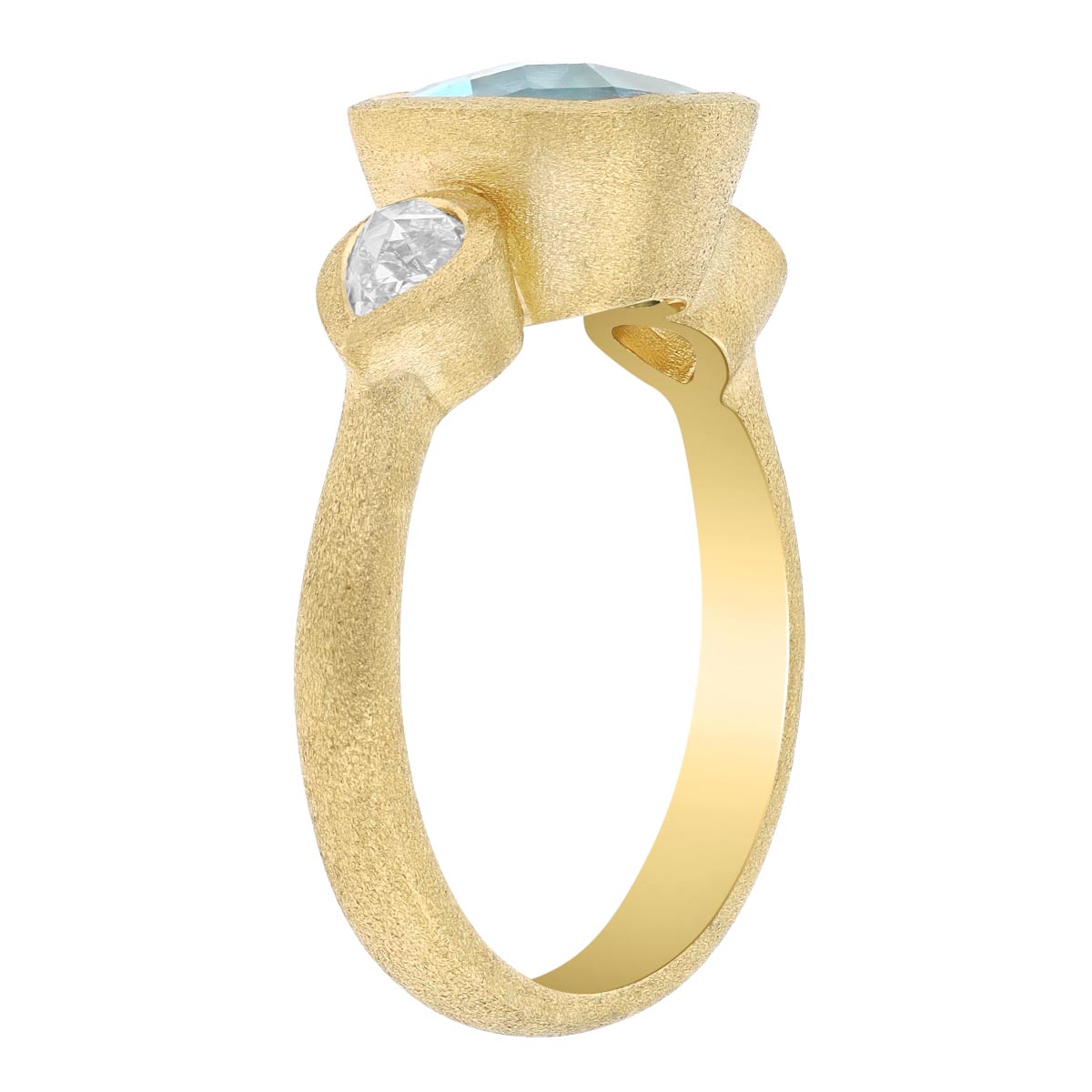 Cushion Cut Topaz & Pear Shape Diamond Side Stone Ring in Satin Yellow Gold
