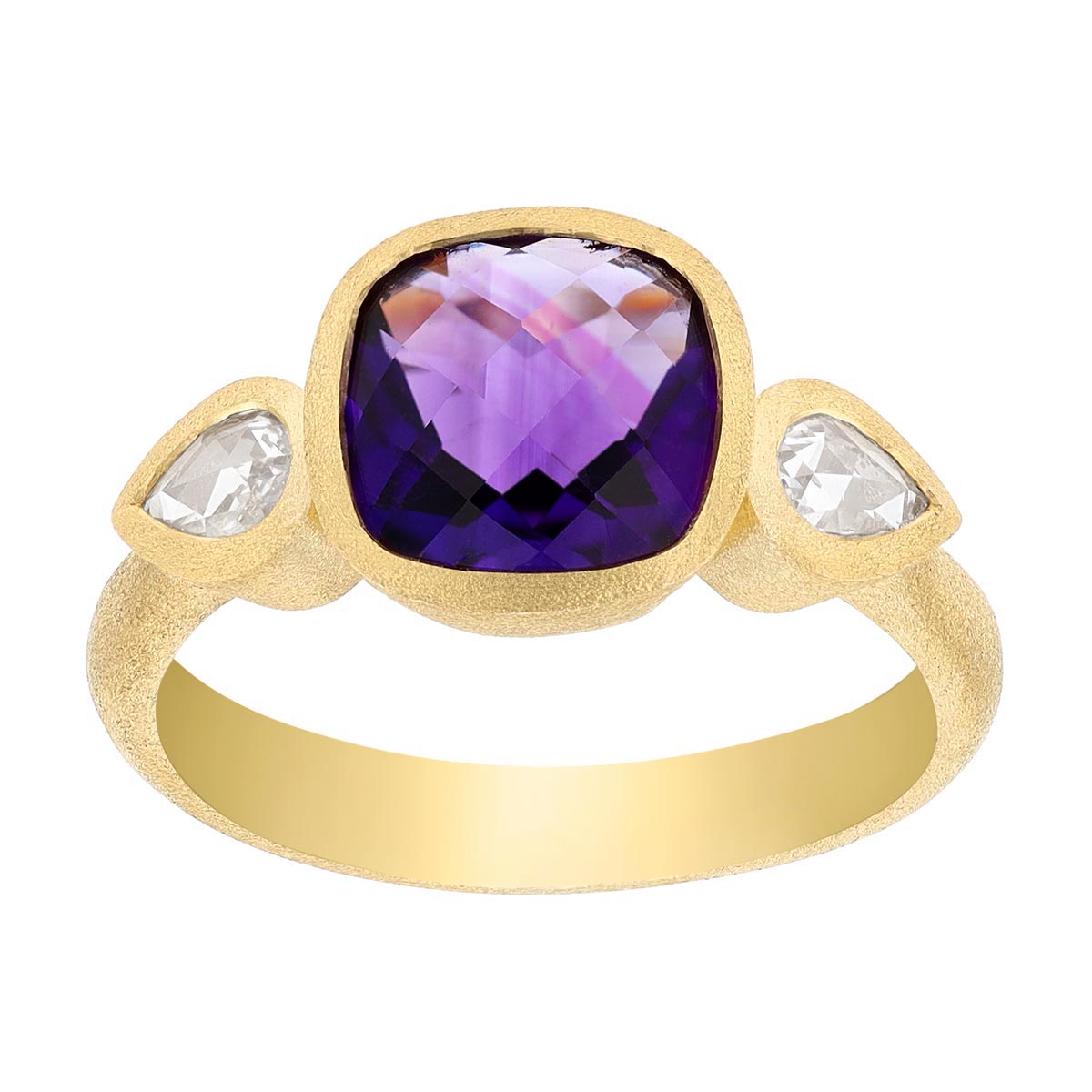 Cushion Cut Amethyst & Pear Shape Diamond Side Stone Ring in Satin Yellow Gold