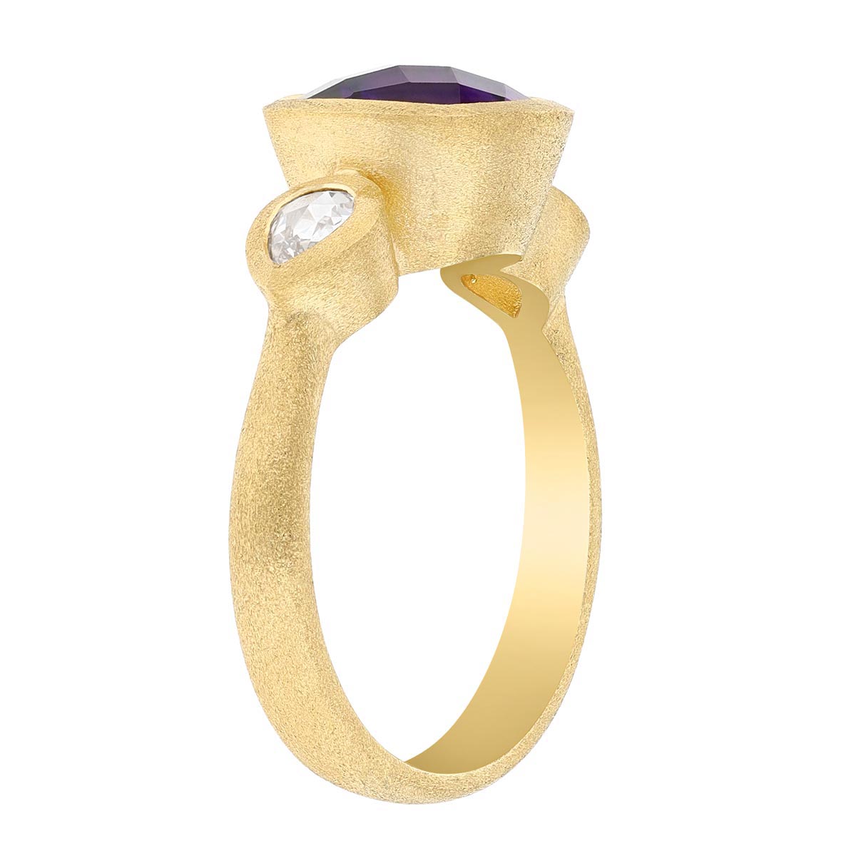 Cushion Cut Amethyst & Pear Shape Diamond Side Stone Ring in Satin Yellow Gold