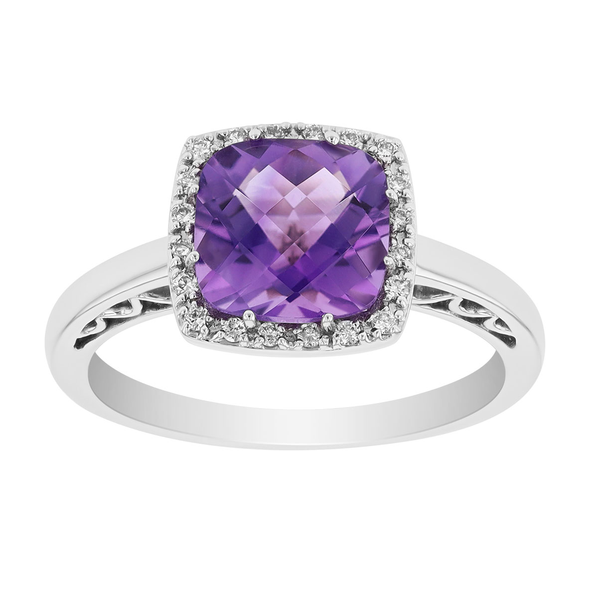 Cushion Checkerboard Amethyst & Diamond Halo Ring in White Gold