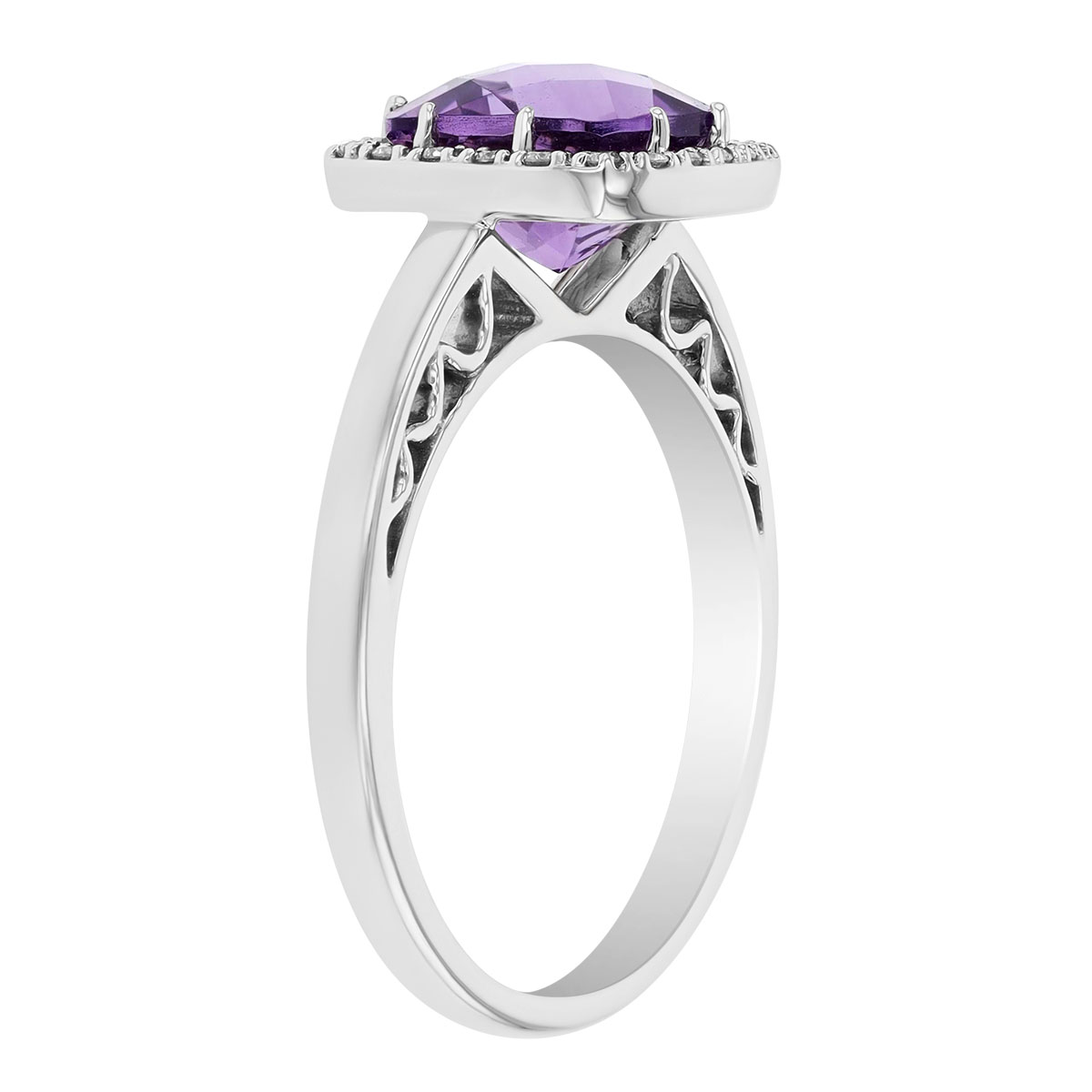 Cushion Checkerboard Amethyst & Diamond Halo Ring in White Gold