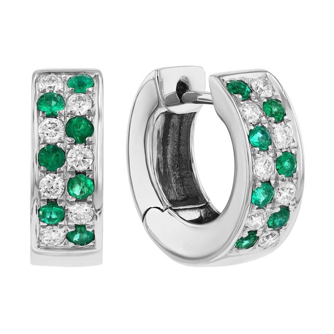 Frederic Sage Emerald & Diamond Pavé Huggie Hoop Earrings in White Gold