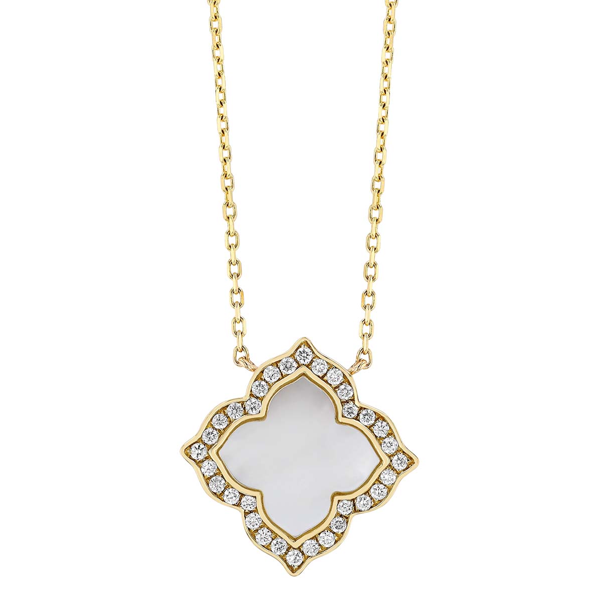 Frederic Sage Mother of Pearl & Diamond Halo Quarterfoil Pendant in Yellow Gold
