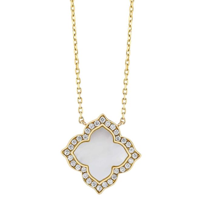 Frederic Sage Mother of Pearl & Diamond Halo Quarterfoil Pendant in Yellow Gold