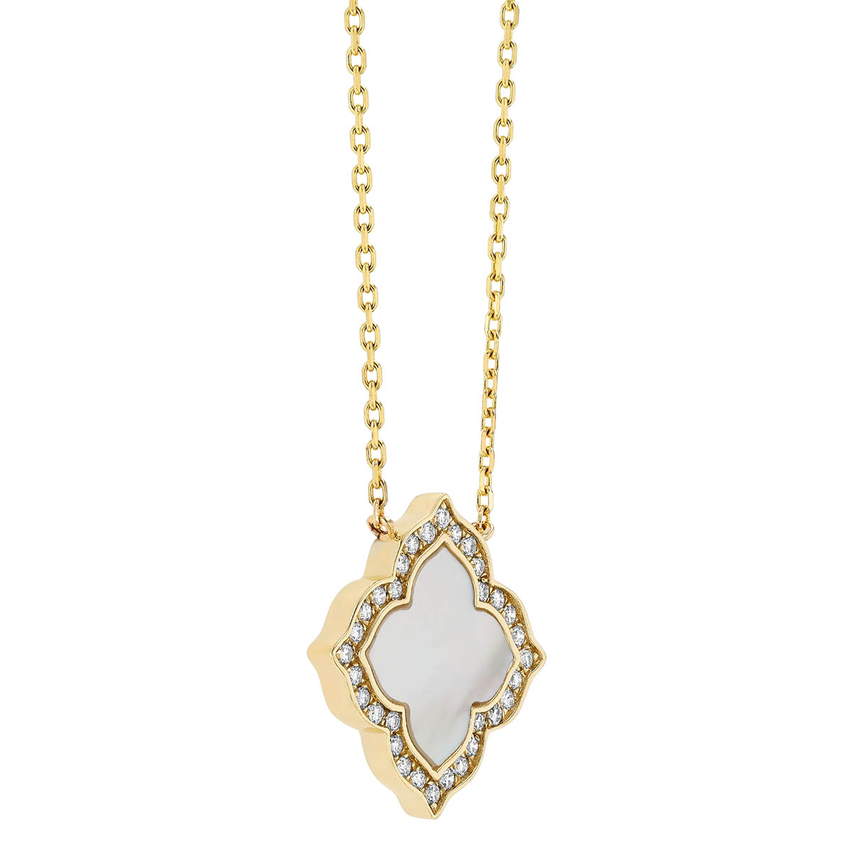 Frederic Sage Mother of Pearl & Diamond Halo Quarterfoil Pendant in Yellow Gold