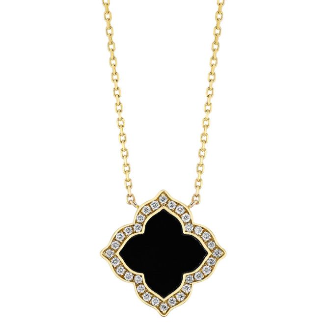 Frederic Sage Black Onyx Chalcedony & Diamond Halo Quarterfoil Pendant in Yellow Gold, 18"