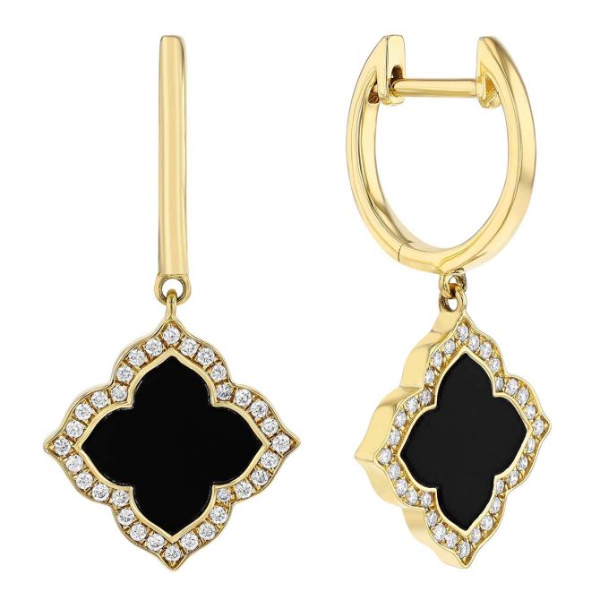 Frederic Sage Black Onyx Chalcedony & Diamond Halo Quarterfoil Dangle Hoop Earrings in Yellow Gold