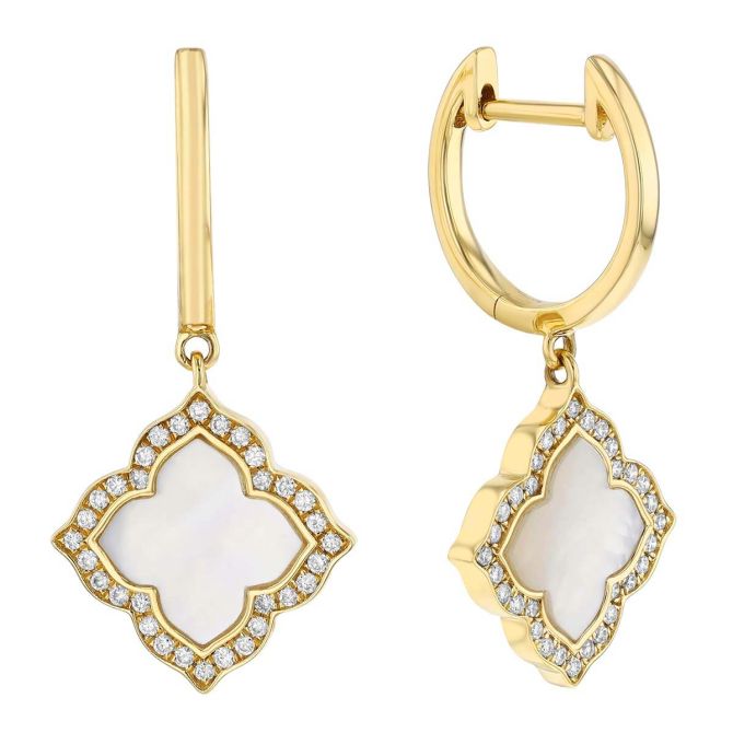 Frederic Sage Mother of Pearl & Diamond Halo Quarterfoil Dangle Hoop Earrings in Yellow Gold