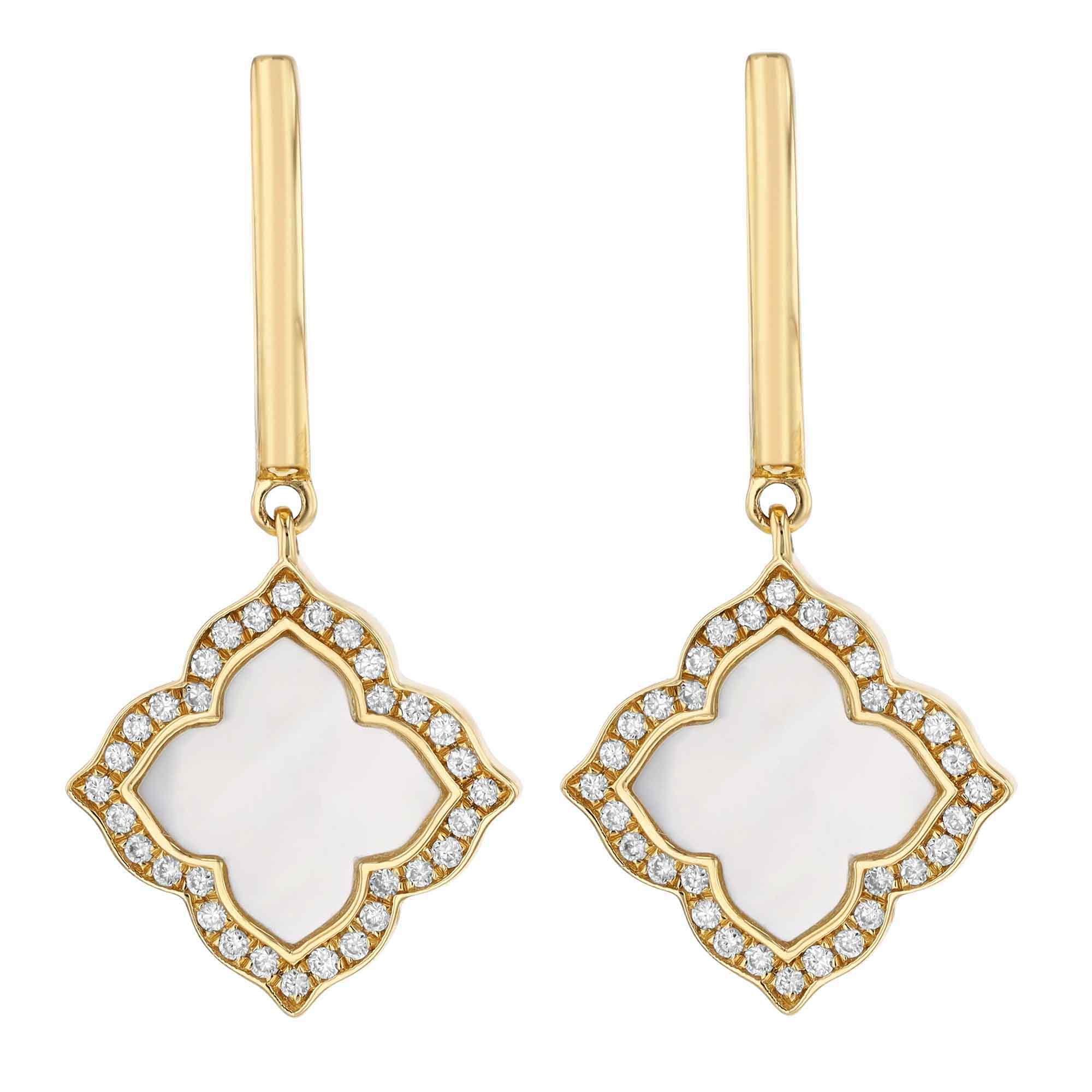 Frederic Sage Mother of Pearl & Diamond Halo Quarterfoil Dangle Hoop Earrings in Yellow Gold