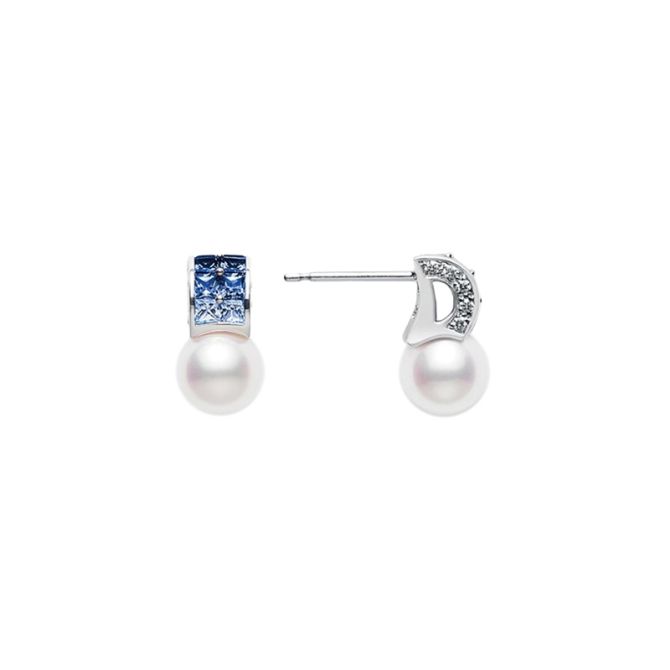 Mikimoto Ocean Akoya Cultured Pearl, Princess Cut Sapphire, & Diamond Drop Earrings in White Gold