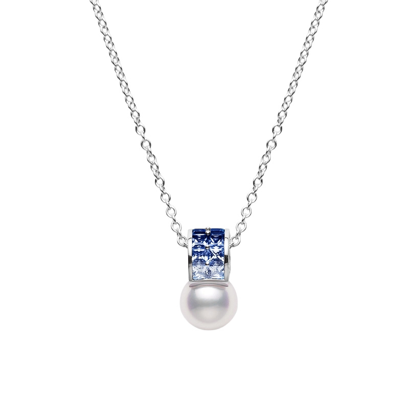 Mikimoto Ocean Akoya Cultured Pearl, Princess Cut Sapphire, & Diamond Pendant in White Gold, 18