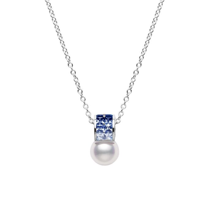Mikimoto Ocean Akoya Cultured Pearl, Princess Cut Sapphire, & Diamond Pendant in White Gold, 18"